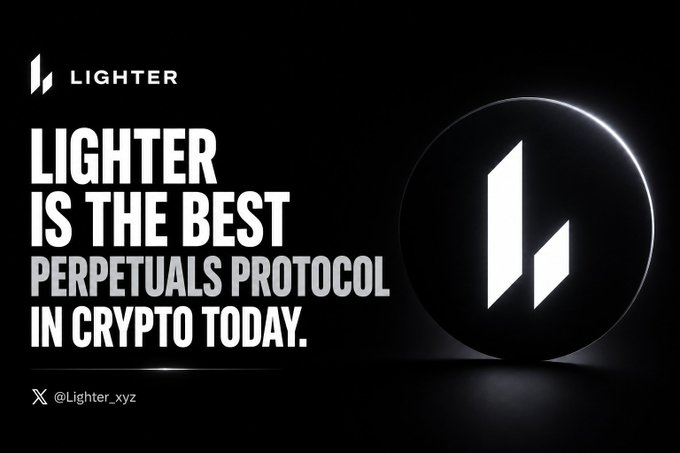 The image features a black background with white text that reads "Lighter is the best perpetuals protocol in crypto today." The text is centered above an image of a coin, which has a white border and a black center. Below this image, there's a caption written in white text that says "Focus on what is in the image and how it relates to the post".