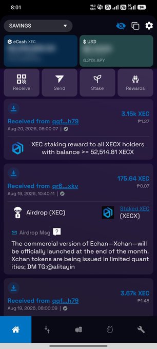 A mobile app screenshot for XEC XEC showing a savings account with '6.21% APY' and a transaction history including received payments and airdrops.