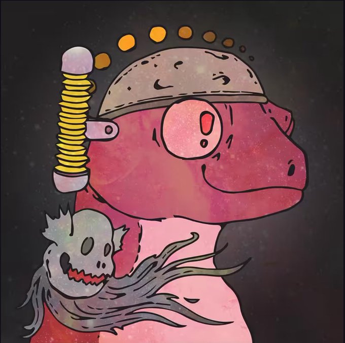 A colorful illustration features a pink dinosaur wearing a helmet with a yellow spring antenna and a small skull-like creature on its shoulder, set against a dark cosmic background.