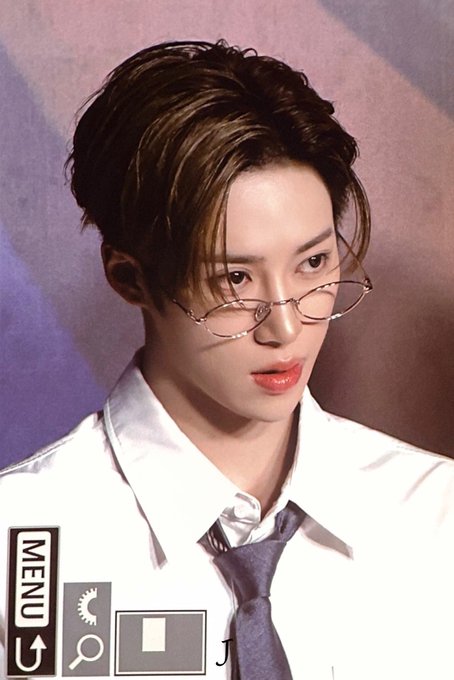 The image features a young man wearing glasses, a white shirt, and a tie. He has dark hair and is looking off to the side with an expression of concentration or thoughtfulness. The caption for this image reads "260620 #ALPHADRIVEONE #ALD1 #알파드라이브원 #ARNO #아르노 가져온 경우".