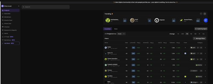 A dark-themed crypto launchpad dashboard (AlphaX) listing curated projects with their APY and TVL metrics, including 'Hilo' and 'Veeno'.