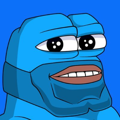 A cartoonish blue fist character with large eyes and a smiling mouth against a solid blue background.