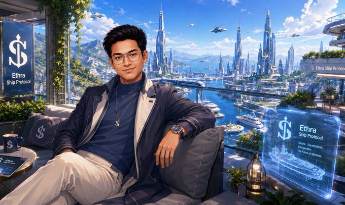 A digital artwork of a young man with glasses seated on a couch in a futuristic cityscape, surrounded by 'Ethra Ship Protocol' branding and holographic displays showing ships in a harbor.