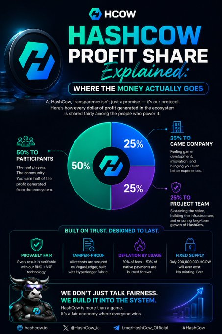 Infographic for HashCow (HCOW) explaining their profit share distribution: 50% to participants, 25% to game company, and 25% to project team.