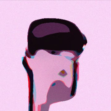 A stylized, glitch-effect digital illustration of a figure wearing a dark cap against a pink background.
