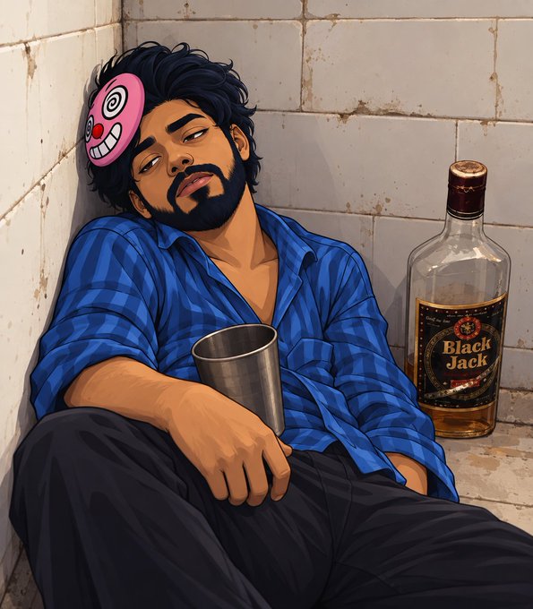 An anime-style illustration of a bearded man in a blue plaid shirt slumped against a tiled wall, holding a metal cup with a pink mask covering one eye and a 'Black Jack' liquor bottle beside him.