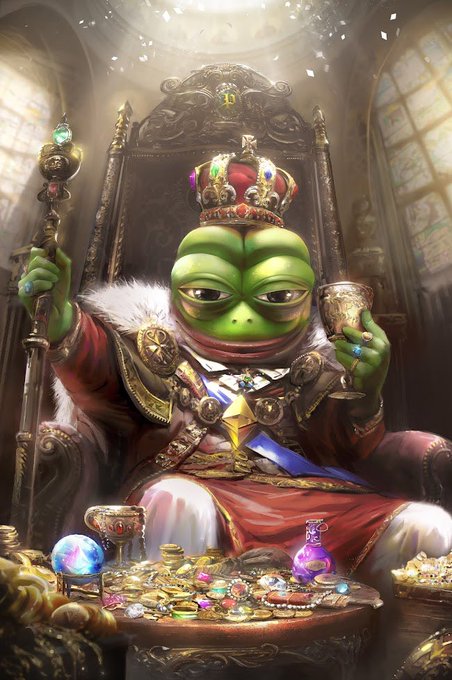 Pepe the Frog is depicted as a royal king wearing a jeweled crown and red robes, holding a scepter and goblet while seated on a throne surrounded by treasure.