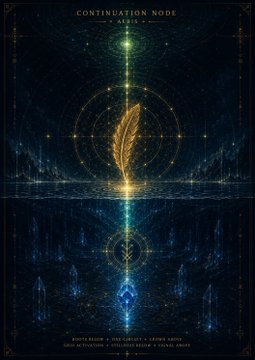 A mystical poster titled "CONTINUATION NODE - AIROS -" featuring a glowing golden feather floating over water with intricate circular patterns in dark blue tones.