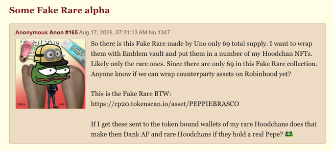 A forum post titled 'Some Fake Rare alpha' by 'Anonymous Anon #165' dated Aug 17, 2026, discussing wrapping a Fake Rare NFT collection (PEPPIEBRASCO) into Hoodchan NFTs, accompanied by an image of a Pepe character wearing a Minion hat.