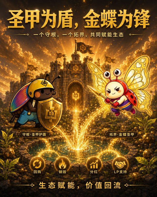 A promotional poster in Chinese titled '圣甲为盾, 金蝶为锋' features cartoon bug characters—a bee with a shield and a butterfly with a sword—standing before a glowing castle, highlighting ecosystem features like buyback, burn, dividends, and LP support.