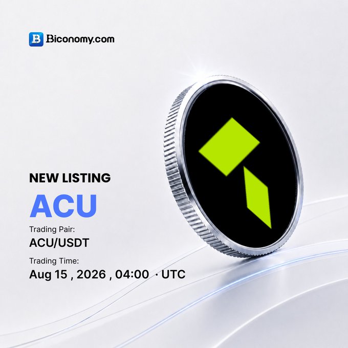 An announcement graphic from Biconomy.com for a 'NEW LISTING' of the token 'ACU', showing the 'ACU/USDT' trading pair and a launch time of 'Aug 15, 2026, 04:00 · UTC' next to an image of a coin with a green logo.