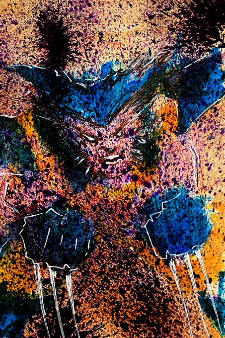 An abstract, highly textured artwork featuring a blue butterfly-like shape and dripping blue forms set against a vibrant, splattered orange and purple background.