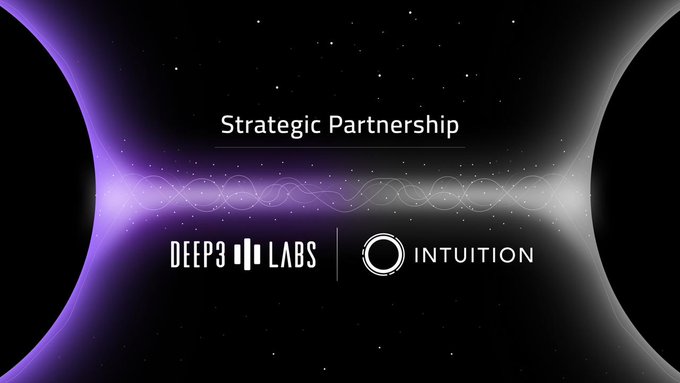 A sleek promotional graphic titled "Strategic Partnership" featuring the logos of "DEEP3 LABS" and "INTUITION" against a dark, starry background illuminated by purple and white light arcs, symbolizing the unified network connecting approximately 29,000 agents. The cosmic visual represents the post's claim about agents landing on the graph as a decentralized partnership between the two entities.