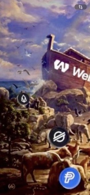 The image features an illustration of a large boat with the words "WEI" written on its side, along with a bird flying above it. The boat appears to be floating on water surrounded by rocks and trees. In the bottom left corner of the image, there are three blue circles labeled "P", "XTZ", and "Tezos". These symbols seem to represent different aspects related to the post's content or the boat illustration.