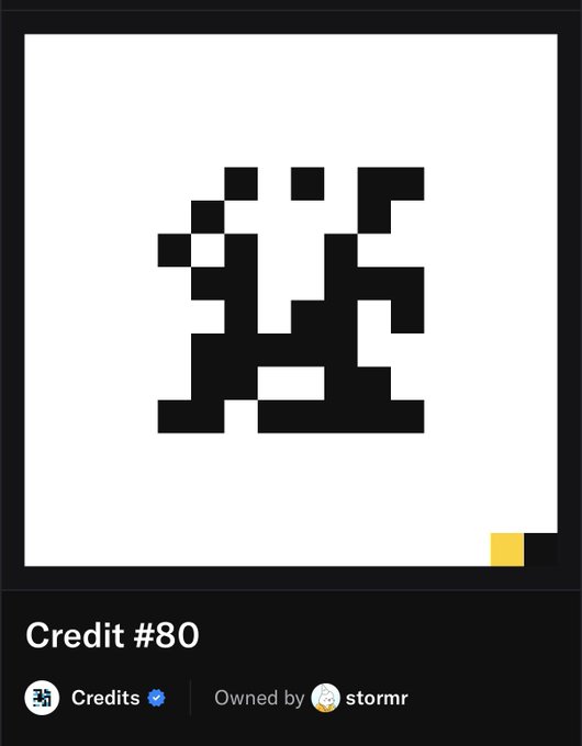 A digital artwork titled 'Credit #80' by stormr features a black pixelated design on a white background with a small yellow square in the corner, displayed on a Credits platform.