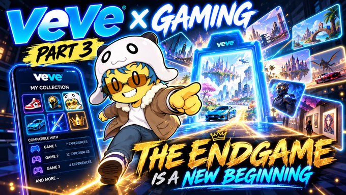 A vibrant promotional banner for 'VeVe x Gaming Part 3' featuring a cartoon character with a panda hat, showing 'My Collection' on a smartphone interface, alongside images of Disney castles, cars, and game characters, with the tagline 'THE ENDGAME IS A NEW BEGINNING'.