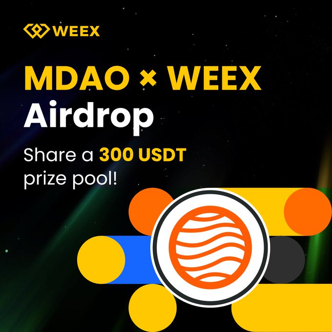 The image features a poster for an event called "MDAO xWEEX Airdrop" held at the Weex website, scheduled from Monday, December 1st to Friday, December 15th, at 7 AM Eastern Time (PST). The poster contains two lines of text that read, "Welcome to MDAO xWEEX Airdrop. Share a 300 USDT cash prize pool!" and includes a logo with a circle and an orange planet in the center, along with a hashtag (#Airdroop) displayed at the bottom of the image.