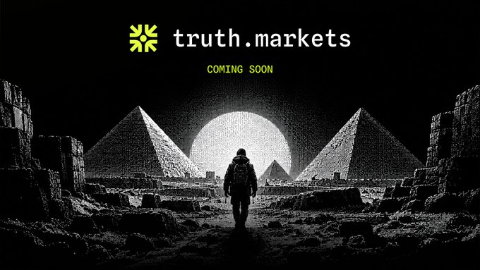 A promotional graphic for 'truth.markets' reading 'COMING SOON', featuring a silhouette of a person standing before pyramids and a large moon.