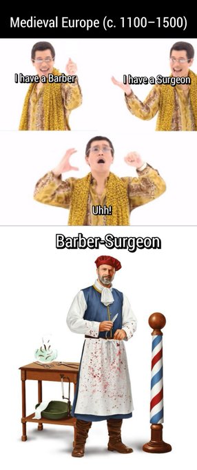 A humorous infographic titled 'Medieval Europe (c. 1100-1500)' uses a popular reaction meme to explain the historical 'Barber-Surgeon' profession.