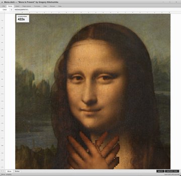 A screenshot of an image editing software displaying the Mona Lisa painting with visible grid lines and a pixelated section near her hands.