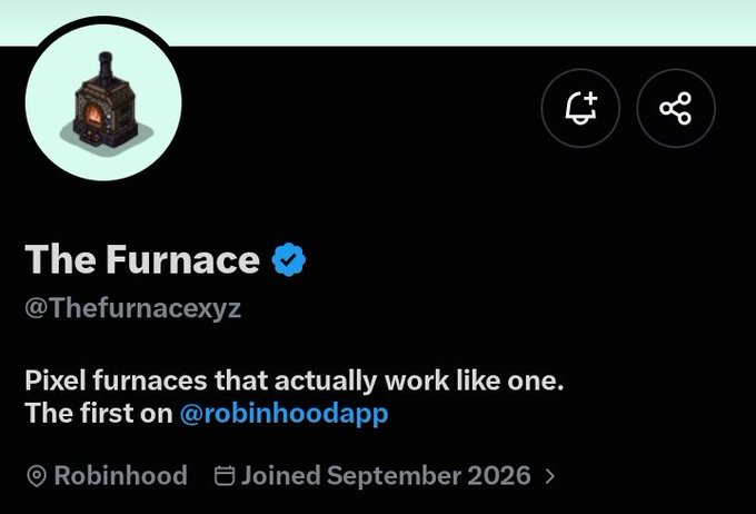 A Twitter/X profile for 'The Furnace' (@Thefurnacexyz) features a pixel art furnace icon and the bio: 'Pixel furnaces that actually work like one. The first on @robinhoodapp', with a September 2026 join date.