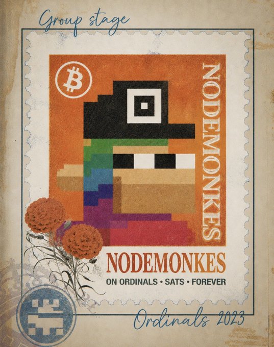 A digital stamp-like graphic for 'NODEMONKES' on a vintage background, featuring a pixelated monkey with a top hat and text 'Group stage', 'NODEMONKES ON ORDINALS • SATS • FOREVER', and 'Ordinals 2023'.