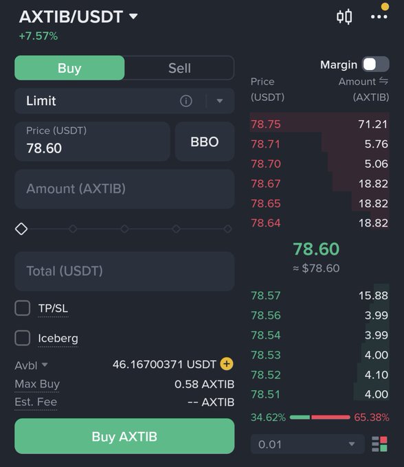 A cryptocurrency trading interface showing the AXTIB/USDT trading pair with a +7.57% gain, displaying buy options at a price of 78.60 USDT and market depth data.