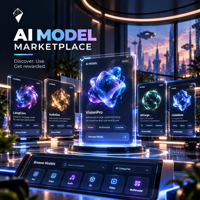 An 'AI MODEL MARKETPLACE' advertisement showcasing futuristic AI model cards like 'VisionPro' and 'LangCore' on glowing pedestals in a high-tech setting.