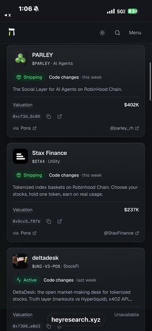 A heyresearch.xyz mobile interface listing AI agent tokens shipping on Robinhood Chain, including $PARLEY (valued at $402K), $STAX (Stax Finance, $237K), and $UNI-V3-POS for deltadesk.