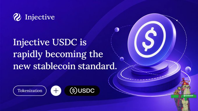 A promotional graphic for Injective cryptocurrency with the text 'Injective USDC is rapidly becoming the new stablecoin standard', 'Tokenization + USDC', and a large 3D USDC coin on a purple background.
