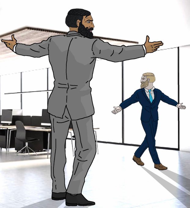 A cartoon-style image of two men in business attire with their arms outstretched in an office setting, appearing to celebrate or pose triumphantly.