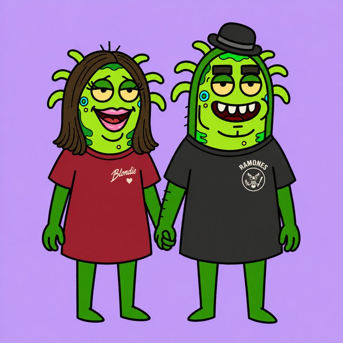 A cartoon illustration depicts two green alien-like creatures holding hands; the left one has brown hair and wears a red "Blondie" shirt, while the right one wears a black bowler hat and a "RAMONES" black shirt.