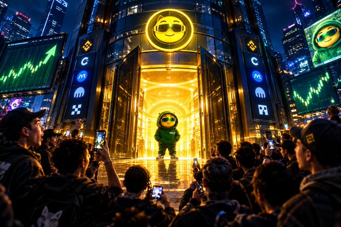 A vibrant digital illustration of a green character wearing sunglasses and a hoodie standing in a glowing golden entrance, surrounded by a crowd of people taking photos with their phones, with crypto logos (BNB, etc.) displayed.