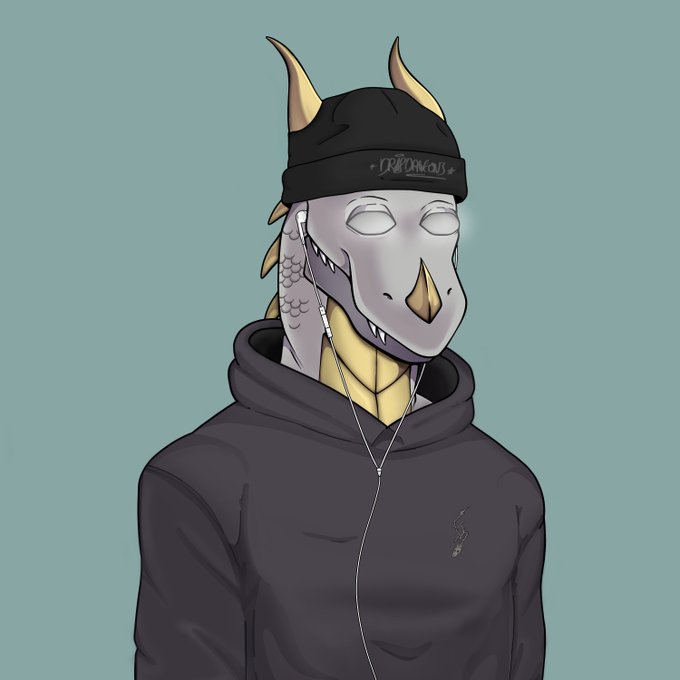An illustration of a humanoid dragon character wearing a black beanie with 'DRAGONBALL' text, a black hoodie, and white wired earphones.