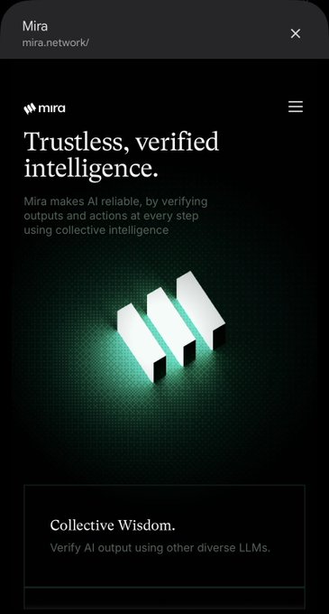 A mobile browser view of mira.network/ with the heading 'Trustless, verified intelligence' and subtext about verifying AI outputs and actions.