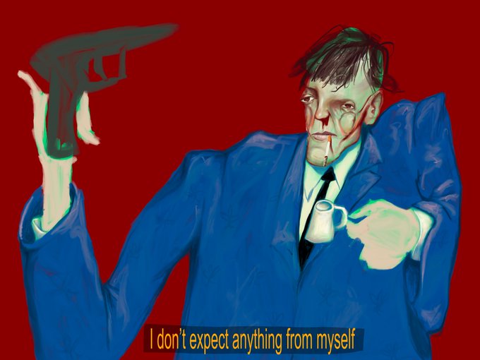 A painted-style illustration of a man in a blue suit holding a gun in one hand and a small white cup in the other against a solid red background, with the caption 'I don't expect anything from myself' below him.