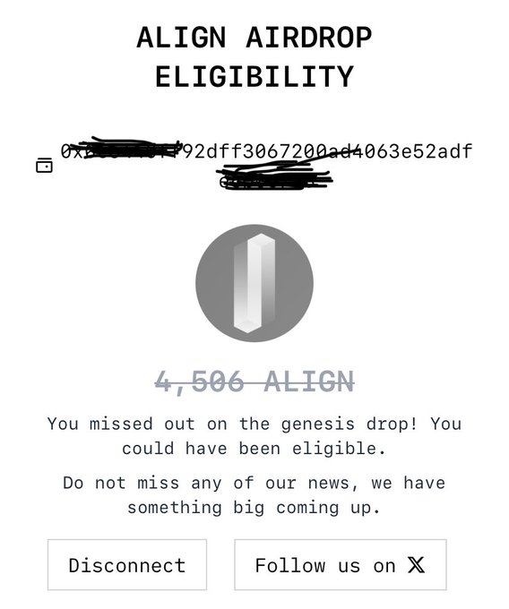 A screenshot titled "ALIGN AIRDROP ELIGIBILITY" showing a wallet address with an allocation of 4,506 ALIGN tokens, with text indicating the user missed the genesis drop but may be eligible for upcoming news; the image relates to the post by demonstrating an example of checking ALIGN (Aligned Layer) airdrop eligibility, with the tweet promoting a checker link and presale listing.