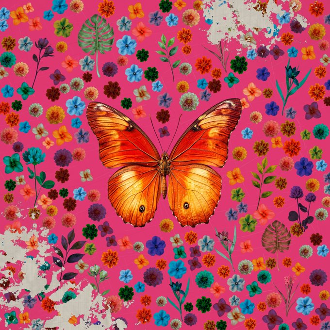 A vibrant artwork featuring a large orange butterfly centered on a bright pink background filled with colorful flowers and tropical leaves.