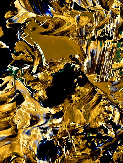 An abstract digital artwork featuring swirling, metallic gold and deep blue colors with a fluid, marbled texture.