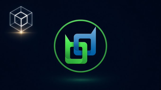 A dark background displays two logos: a white geometric cube/crystal icon on the left and a green and blue intertwined 'S' or chain-link logo inside a circle on the right.