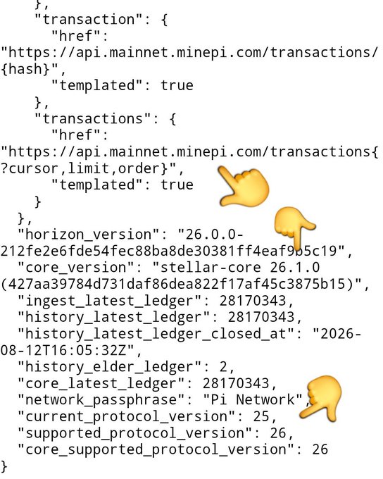 The image displays API response data from the Pi Network mainnet, highlighting endpoint links for transaction data, with pointing finger emojis drawing attention to the URL and protocol version (V26). It supports the accompanying post by confirming that Pi Network Protocol Version 26 is indeed active on the mainnet, with `current_protocol_version: 25` and `supported_protocol_version: 26` shown in the output, aligning with the announcement of V26's impending launch.