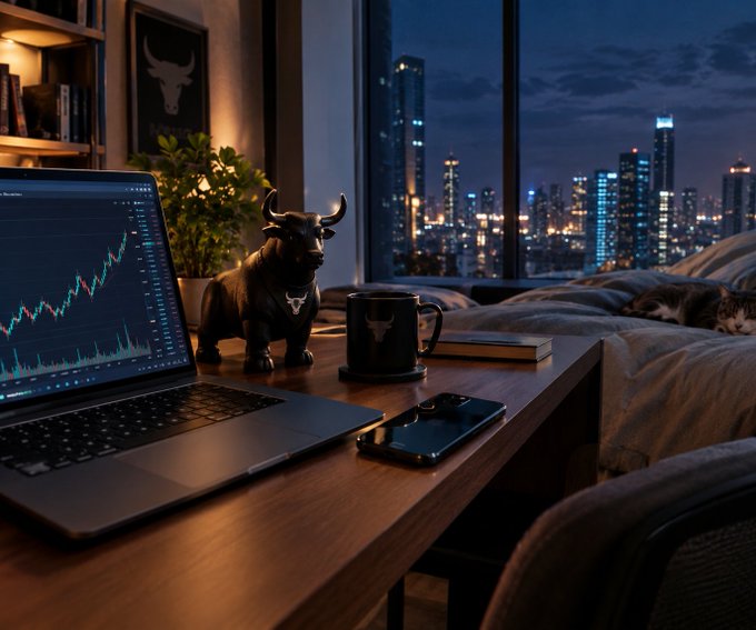 A moody nighttime scene showing a desk with a laptop displaying stock charts, a black bull figurine, and a coffee mug, with a city skyline visible through a large window.