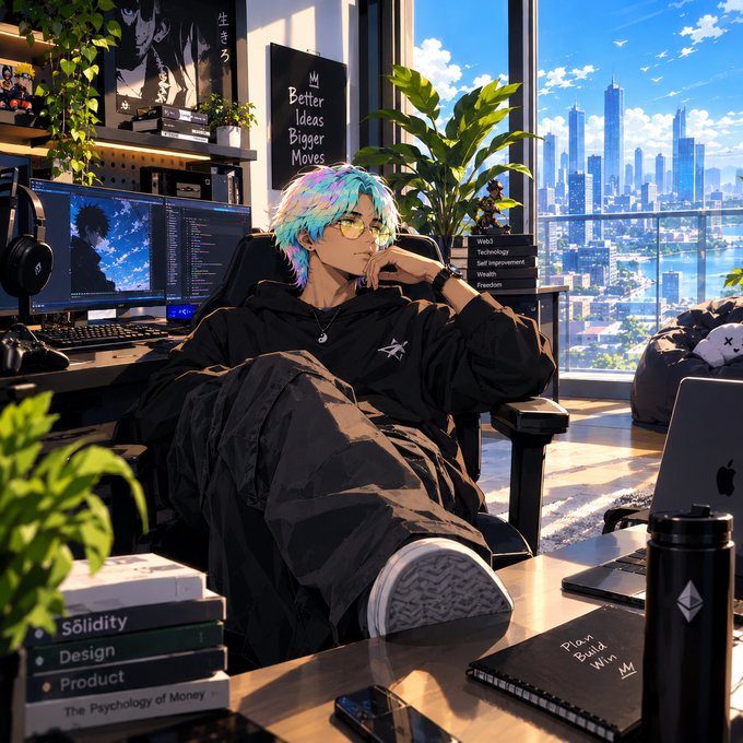 An anime-style illustration of a person with colorful pastel hair and yellow sunglasses lounging in a gaming chair, surrounded by tech accessories and motivational posters reading 'Better Ideas Bigger Moves' and 'Web3 Technology Self Improvement Wealth Freedom'.