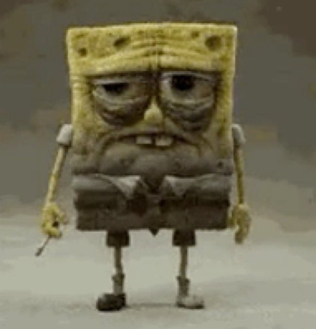 A sepia-toned, AI-generated depiction of a sad, realistic-looking SpongeBob SquarePants character standing in a desolate environment.
