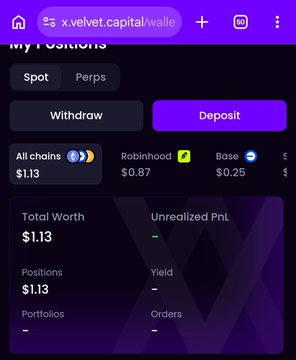 A mobile screenshot of a crypto wallet interface at x.velvet.capital/wallet showing a Total Worth of $1.13 with Withdraw and Deposit options.