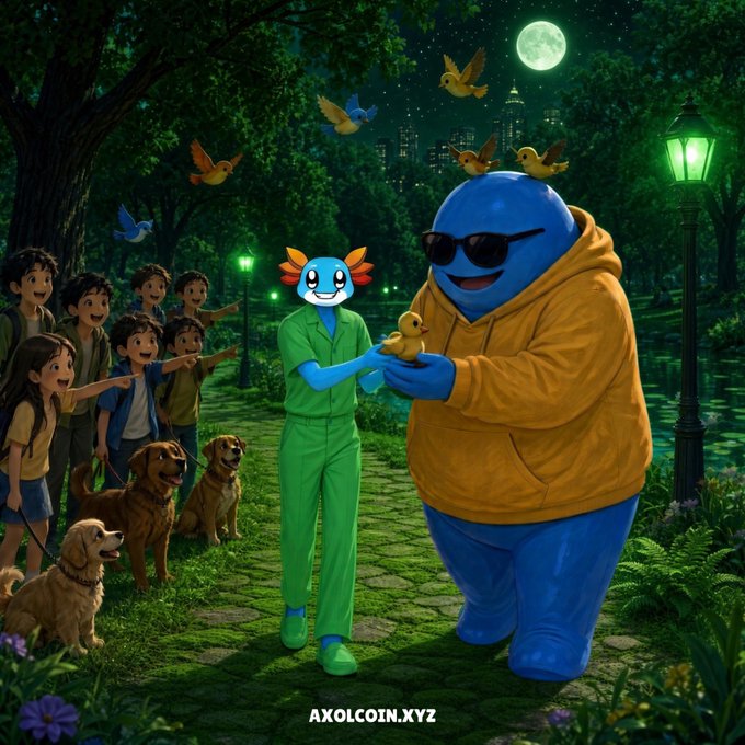 A whimsical digital illustration shows a large blue axolotl character in a yellow hoodie and sunglasses holding a small yellow duck, accompanied by a smaller blue axolotl in green scrubs, surrounded by children, dogs, and birds in a moonlit park setting. The text "AXOLCOIN.XYZ" appears at the bottom.