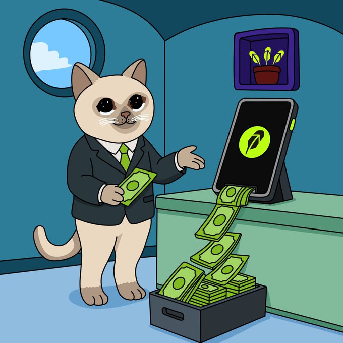 A cartoon cat in a business suit holds cash next to a phone displaying a Rocket logo that's dispensing stacks of money into a box, visually embodying the post's message that $CASHCAT isn't chasing wealth but rather building a money-generating machine to build his empire.
