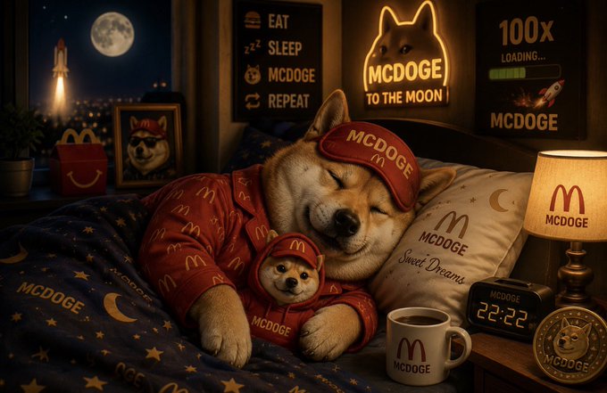 A whimsical image of a Shiba Inu dog sleeping in McDonald's-themed pajamas and sleep mask labeled 'MCDOGE', surrounded by 'MCDOGE' branded merchandise in a bedroom setting.
