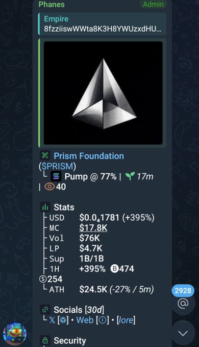 Phanes platform listing for Prism Foundation ($PRISM) showing stats including USD $0.0,1781 (+395%), Market Cap $17.8K, Volume $76K, Liquidity $4.7K, and supply 1B/1B.