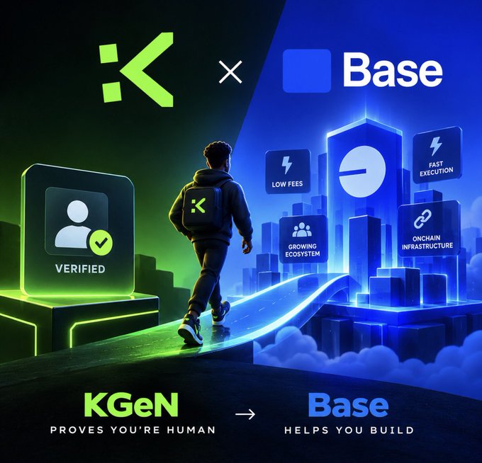 A promotional graphic showing a collaboration between KGeN and Base, depicting a figure with a KGeN logo walking on a glowing path between a "Verified" panel and Base blockchain feature panels labeled "Low Fees," "Fast Execution," "Growing Ecosystem," and "Onchain Infrastructure."